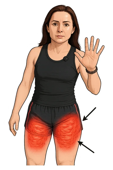 Donna con cellulite sulle cosce indica le cosce che sono infiammate di cellulite con frecce ad indicare  sticker