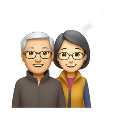 Happy skinny retired Chinese parents. Standing in a park in front of an red autumn tree sticker