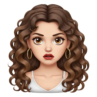 cute girl with not volominous VERY LONG curly/wavy brunette hair with balayage, brown eyes, full lips, cute makeup and hoop earrings white girl: ANGRY FACE sticker