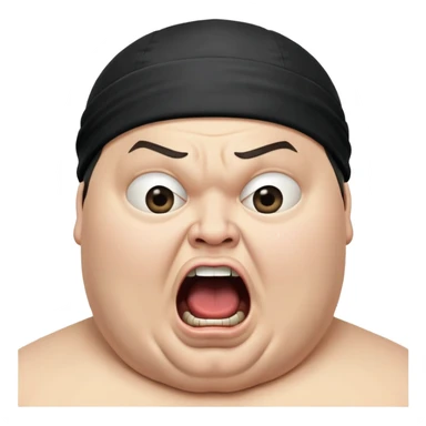 Super extreme tight close-up of just the face of morbidly obese white skin guy with young face, prominent BLACK DURAG tied clearly on head, black beard but no mustache, clean shaven upper lip, black eyes, mouth wide open screaming angrily sticker