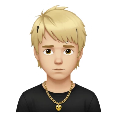 make a iphone emoji who is a white man that looks young with messy blonde medium hair with bangs, and a black punk shirt and a golden neckless sticker