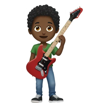  boy holding the red electric guitar. have green eyes and short curly hair.   nike jordan Travis Scott shoes.  blue jeans The boy is not white however not so dark.  Sightly tanned  sticker