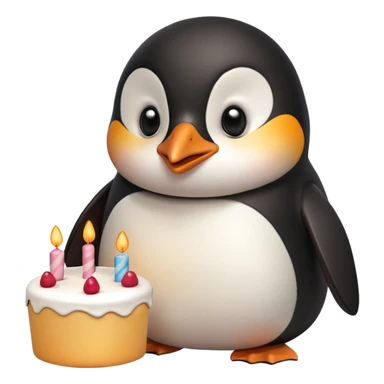 A penguin standing near a cake, feeling shy from a surprise celebration, portrait, bust up sticker