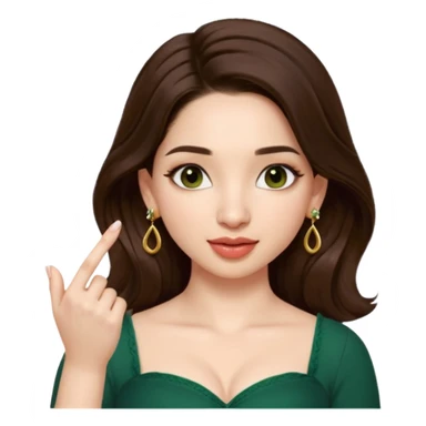 pretty bratz genmoji that looks like tamannah bhatia (bollywood actress), wearing a dark green sweetheart neckline top, dark brown hair, light makeup, no necklace, dangly earrings, SIDE hair part, fair. dark brown eyes, long hair

Show her licking her finger  sticker