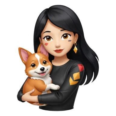 apple-style emoji of an Asian girl with long straight hair, side-swept bangs, black leather dress, gold drop earrings, bold false lashes, and a geometric 3/4 sleeve tattoo on her left arm, hugging a joyful red head tri-color corgi, simplified, emoji-like sticker