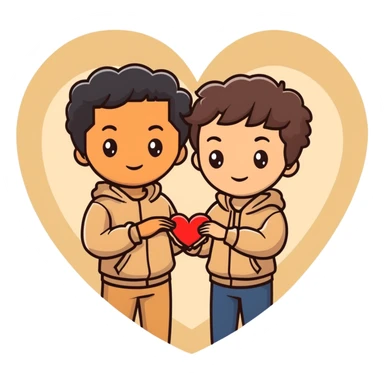 A couple with dark brown hair and mixed skin tone inside a white heart, both wearing beige clothes sticker