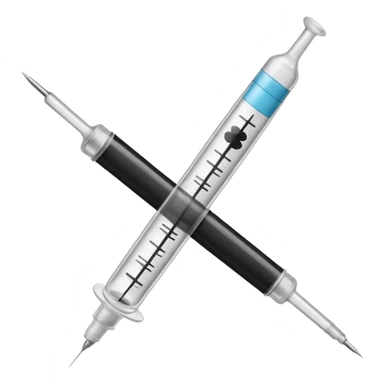 Minimalist emoji-style sticker of a medical syringe with a black tape X across it. Symbol of silence. Desaturated tones.
 sticker