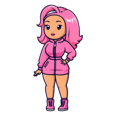 Nicki Minaj wearing a pink outfit with blonde and pink hair sticker