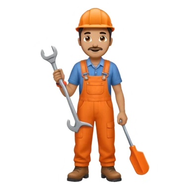 Indian male railway engineer orange overalls, boots holding a spanner sticker