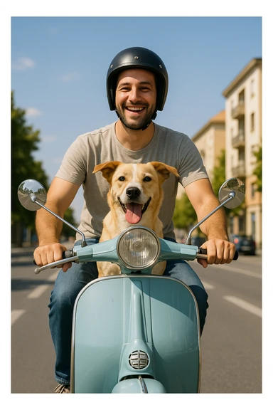 man and his pet dog riding a vespa sticker