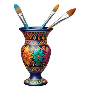 Metal painting icon, fine paintbrush painting a detailed metal statuette or vase with bright, vivid colors, visible strokes and intricate patterns, no finished artwork, just the painting process, minimalistic style, clean lines, transparent background. sticker
