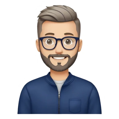 Fair-skinned man with fade haircut (extremely short on sides, slightly longer on top), short salt and pepper beard, large black-framed glasses, smiling, wearing navy blue long sleeve zip sweatshirt sticker