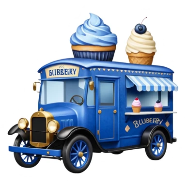 shiny-dark-blue crystal-bodied frozen blueberry muffin, pie, and ice cream, 1912 antique long-wheelbase cab over durable-looking food truck  sticker