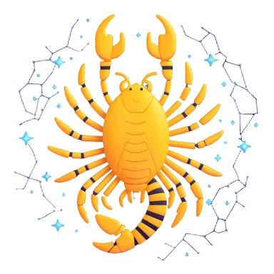 emoji-style scorpion with the Scorpio constellation overlaid on top, constellation stars and connecting lines are white and glowing, dark background sticker