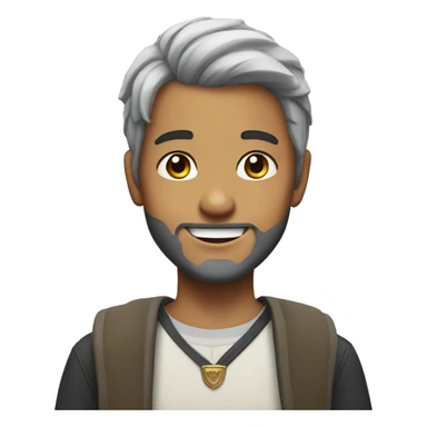 smiling boy with beard grey patch of hair on the temples and a crown sticker