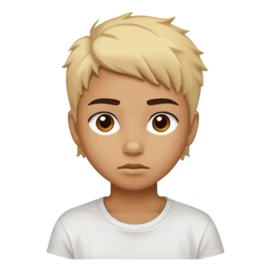 caramel skin color. Teen age. Short buzz, messy blonde hair, dark brown bushy eyebrows large expressive golden-brown eyes, brown skin color, scar over nose, wearing a plain white t-shirt. sticker