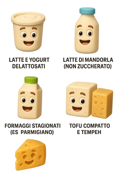 emoji stile iphone 3d di questi elementi che fluttuano in aria:

Latte e yogurt delattosati
Latte di mandorla (non zuccherato)
Latte di soia da proteine isolate
Formaggi stagionati (es. parmigiano)
Tofu compatto e tempeh
 che fluttuano in aria,  le etichette scrivile in italiano, iperealistico 4k sticker
