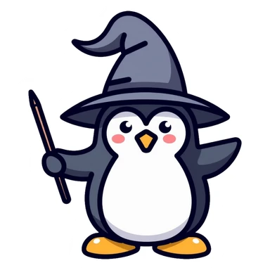 wizard penguin wearing a pointy wizard hat and holding a magic wand sticker