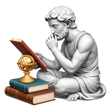An icon featuring a Thinker statue, a scroll, symbolizing philosophy. The design includes books and abstract symbols representing deep thought and wisdom. Transparent background highlights the study of ideas, logic, and existential questions sticker