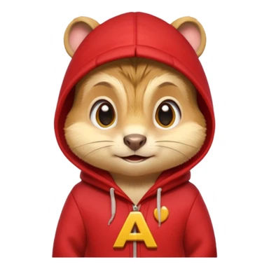Portrait of a cartoon chipmunk with light brown and beige fur, wearing a red hoodie with a yellow 'A' on it, big round eyes, small nose, and a mischievous grin, front-facing, stylized in animated movie style sticker
