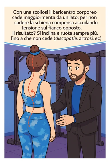 fai questa immagine in versione manga/webtoon a colori con stile di disegno carino e moderno, il manga mostra la donna di spalle, mentre l'uomo le tocca la spina dorsale per spiegarle come funziona la scoliosi:
Con una scoliosi il baricentro corporeo cade maggiormente da un lato; per non cadere la schiena compensa accumulando tensione sul fianco opposto.
Il risultato? Si inclina e ruota sempre più, fino a che non cede (discopatie, artrosi, ecc) sticker