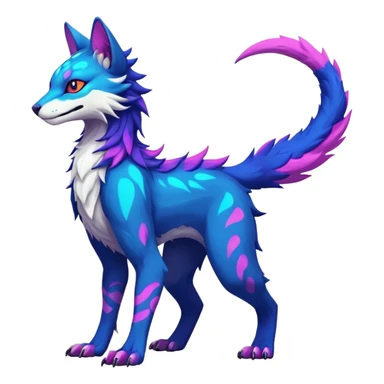 Neon-colored fantasy feline-vernid-sergal-protogen-primagen-fursona animal creature with a tufted tail full body with intricate markings  sticker