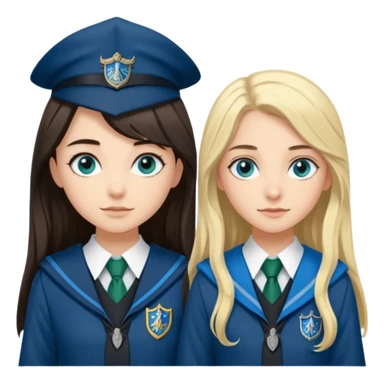 a pretty ravenclaw girl with long dark brown hair and blue eyes standing with a pretty Slytherin girl with long blonde hair, blue eyes sticker