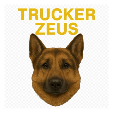 Further compress the image to reduce file size as much as possible while keeping transparency, realistic German Shepherd, and yellow 'Trucker Zeus' text. sticker