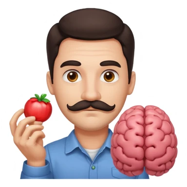 attractive man with dark hair and down turned mustache holding a brain as an emoji sticker