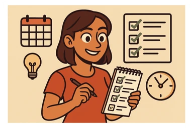 tan woman with brown eyes and brown shoulder length hair, surrounded by productivity icons (calendar, checklist), smiling and focused, modern illustration sticker