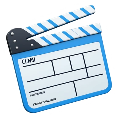 ultra simplified movie clapper with blue and white colors, two simple rectangles with a diagonal line sticker