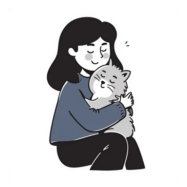 Brunette girl with dark blue sweatshirt snuggling a fluffy grey Siberian cat sticker