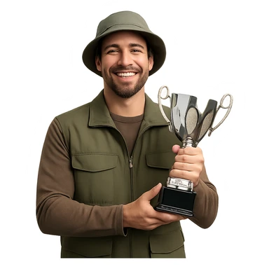 a male fisherman with a trophy cup, smiling, wearing a fishing hat sticker