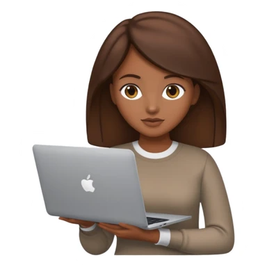 memoji of a brown hair female with a grey laptop in front, apple-style, modern sticker