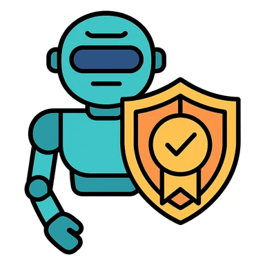 futuristic AI robot holding a shield with a safety certificate emblem, clean and professional, icon style sticker