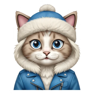 Ragdoll cat wearing a leather jacket and a beanie sticker