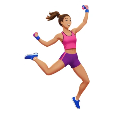 An energetic person performing an aerobics workout in a brightly lit gym, jumping and stretching with enthusiasm. The scene includes vibrant fitness equipment like dumbbells and exercise mats, with a background of cheerful, motivating colors, conveying energy and movement. sticker