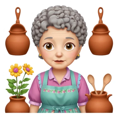cartoon Apple iOS emoji style rural elderly woman, chubby face, short gray curly hair, flowery blouse, colorful apron, big expressive eyes, pastel colors, Chilean wooden kitchen background, clay pots, warm light, detailed and clean vector art sticker