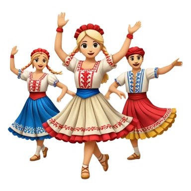 Cinematic Realistic Linđo Dance Emoji, depicted as a traditional Croatian folk dance with lively movements and colorful costumes, rendered with dynamic textures and vibrant festive lighting that captures its cultural vibrancy. sticker