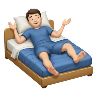 A man in bed laying down under covers kicking feet in air because so excited to sleep. Eyes are closed and he is smiling and Show his feet sticker
