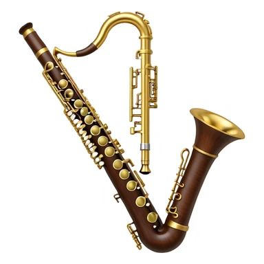 Create a refined and sophisticated emoji representing the Yamaha Custom Duet+ oboe. The design should feature the sleek, polished body of the oboe with elegant keywork details and a rich wood finish. The oboe should have a shiny, metallic look for its key components, and the bell should be subtly flared. Add musical notes or sound waves gently emanating from the instrument to reflect its melodic, smooth sound. Use warm, earthy tones like dark brown, gold, and silver to evoke the professional, classic vibe of a high-end woodwind instrument. The background should be transparent. sticker