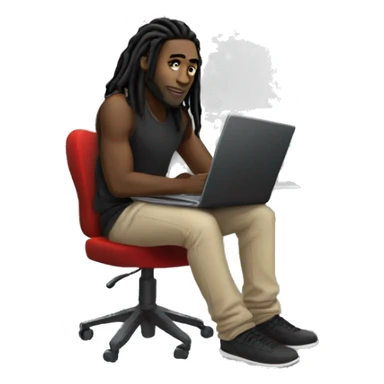 Black-guy-with-dreads-wearing-black-trackstuit-sitting-down-on-chair facing-foward-focused-on-laptop-computer- sticker