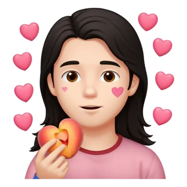 Cute boy, long dark hair, eating a peach, pink hearts floating  sticker