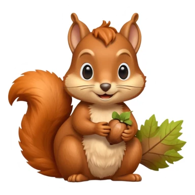 A 3D cartoon squirrel holding an acorn, fluffy tail curled up, orange-brown fur, happy face, soft natural light, Memoji-style look. sticker