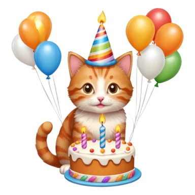 Ginger tabby kitten celebrates birthday, birthday hat, birthday cake, one candle, balloons, happy, gifts sticker