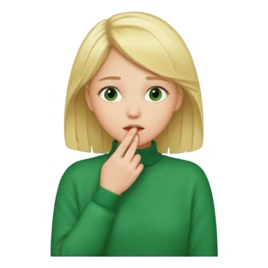 blonde girl has sore throat in green sweater with hand on throat sticker