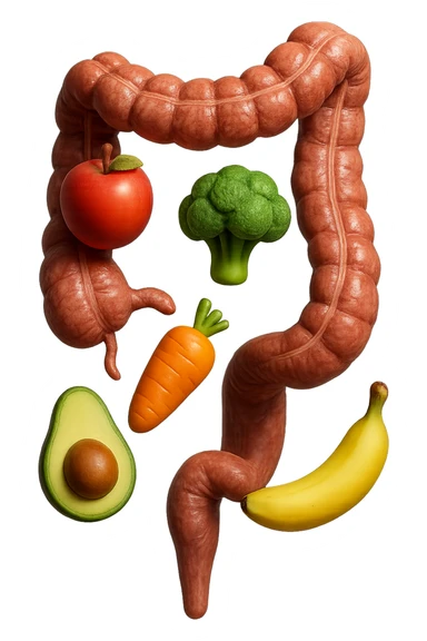 emoji stile iphone in 3d di cibo sano che fluttua in aria vericalmente insieme ùa pezzi di colon umano anatomico, iperrealistico 4k sticker