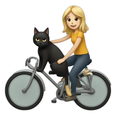a black cat riding a bike with a girl with brown hair with blonde highlighted bangs sticker