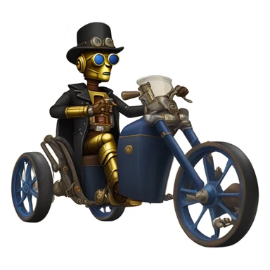 Old west Bounty hunter C-3PO Jedi wearing a pair of navy-blue rimmed steampunk goggles, hat, leather chaps, fringe jacket riding a relaxed 3 wheeler trike steampunk rat rod motorcycle with large fenders and saddlebags in desert town  sticker