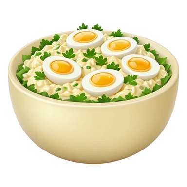 a bowl of egg salad with visible herbs, simple, clear sticker
